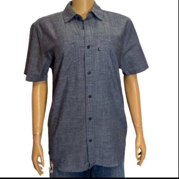 JUNK FOOD Hughes Button Up Shirt Short Sleeve heathery look Blue size Small - Picture 11 of 11